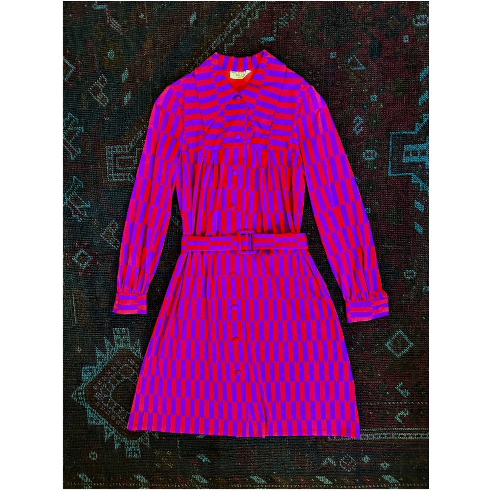 RARE Vintage Hanae Mori Belted Shirt Dress | Geometric | Ban-Lon | Size Small